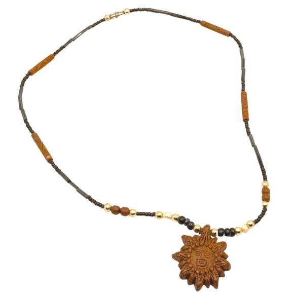 Jewelry - Vintage carved wooden sun face pendant beaded glass, pearl, metal choker necklac